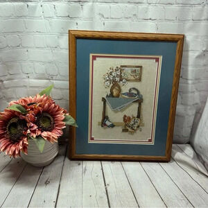 vintage hand crafted cross stitch on linen country farm cottage folk art 18x15"